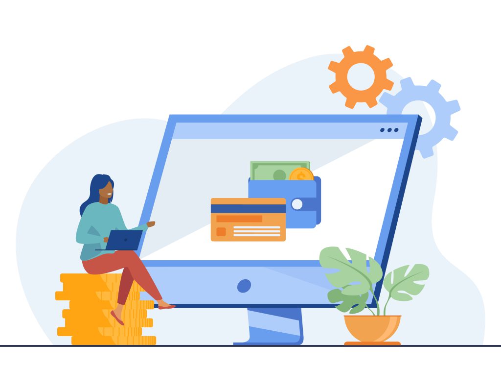 Woman working online and getting profit. Money, business, finance. Flat vector illustration. Investment concept can be used for presentations, banner, website design, landing web page